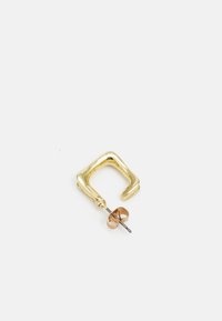 Gold-tone metal earring in a square shape with a rounded edge. Features a stud design with a metal post and a butterfly clasp for fastening.