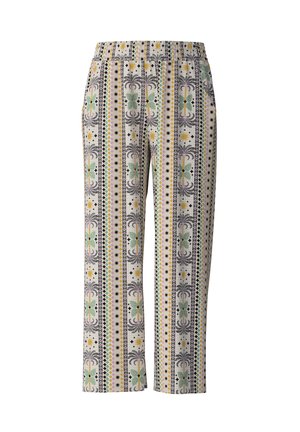 Patroonbroek van een zachte, lichte stof. Kenmerkt zich door geometrische ontwerpen in groen, geel en zwart op een roomkleurige achtergrond. Elastische tailleband.