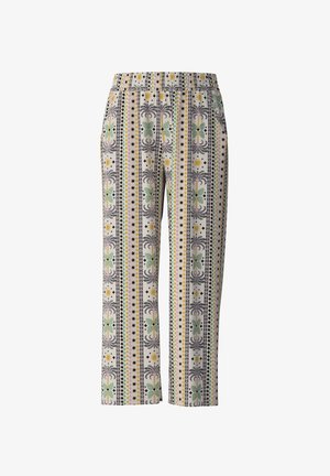 Patroonbroek van een zachte, lichte stof. Kenmerkt zich door geometrische ontwerpen in groen, geel en zwart op een roomkleurige achtergrond. Elastische tailleband.