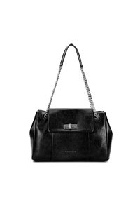 Borsa a mano in pelle nera con una forma strutturata, dotata di chiusura a patta e un manico in catena di tonalità argento. Texture opaca e logo posizionato sulla parte anteriore.