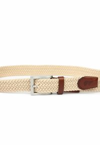 Wasserfestes, beiges, elastisches Gurtband mit einer rechteckigen silbernen Metallschnalle und einem braunen Lederakzent in der Nähe der Schnalle.