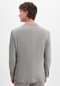 Grau blazer aus strukturiertem Stoff, einreihiges Design, mit Reverskragen und zwei Knöpfen an den Manschetten, von hinten betrachtet.