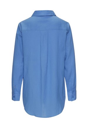 Blue long-sleeve blouse with vertical stripes, back pleat, buttoned cuffs, and a classic collar, displayed against a white background.