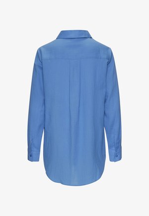 Blue long-sleeve blouse with vertical stripes, back pleat, buttoned cuffs, and a classic collar, displayed against a white background.