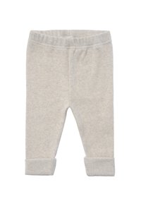 Hellgraue, gerippte Leggings mit weicher Textur, ausgestattet mit einem elastischen Bund und umgeschlagenen Bündchen am Knöchel.