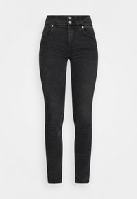 Jeans skinny pretos de cintura alta feitos de denim, com fecho de correr, dois bolsos frontais e detalhes em botão prateado. Textura suave, design justo.