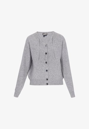 Grauer Cardigan aus weichem Strickmaterial mit einem gerippten Halsausschnitt, Knopfverschluss und langen Ärmeln in lockerer Passform.