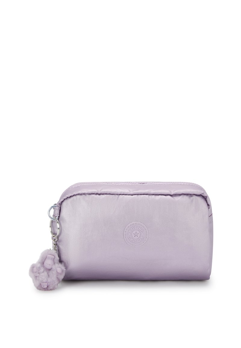 Purple nylon cosmetic pouch with a rounded shape, zip closure, and a fluffy charm attached. Features a logo embossed on the front.