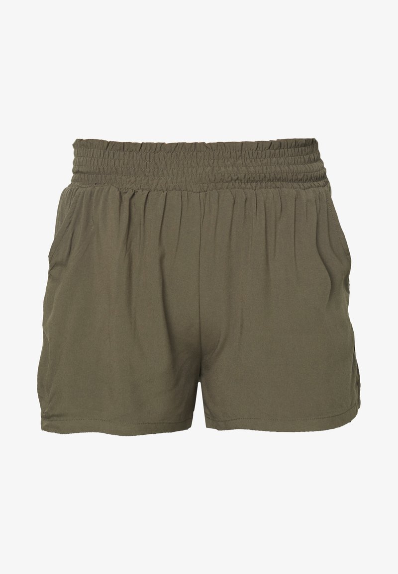Shorts pour femmes couleur vert olive avec taille élastique froncée et poches latérales, fabriqués en tissu léger.