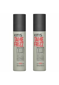 KMS Tame Frizz smoothing lotion in twin 150ml gray-green bottles with black caps; features bold red and black text for product details.