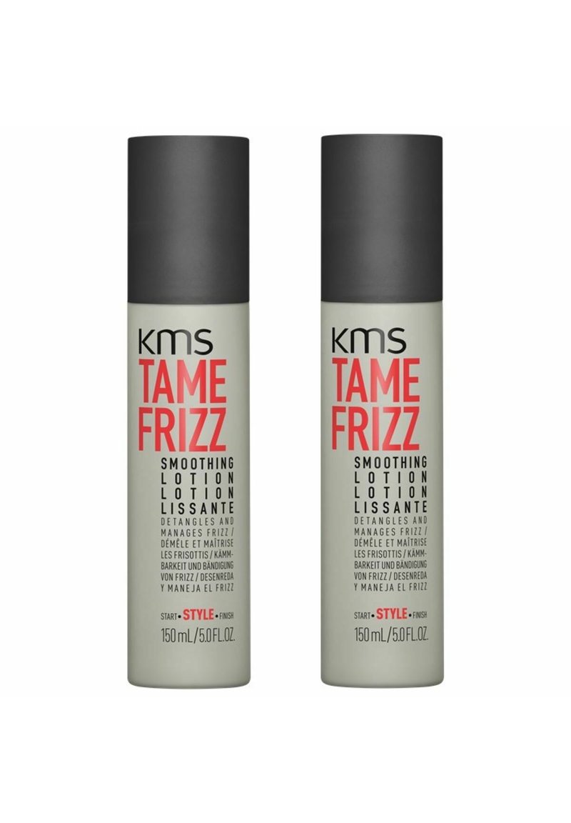 KMS Tame Frizz smoothing lotion in twin 150ml gray-green bottles with black caps; features bold red and black text for product details.
