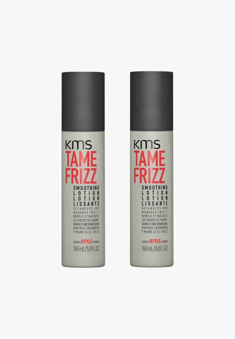 KMS Tame Frizz smoothing lotion in twin 150ml gray-green bottles with black caps; features bold red and black text for product details.