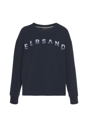 Navy blue sweatshirt with long sleeves, ribbed cuffs, and a round neckline. Features "ELBSAND" in reflective letters across the front.