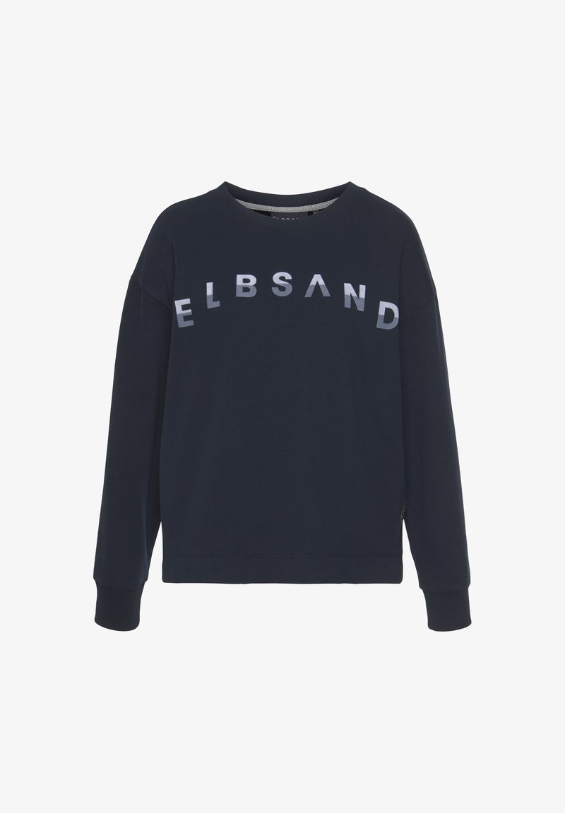 Navy blue sweatshirt with long sleeves, ribbed cuffs, and a round neckline. Features "ELBSAND" in reflective letters across the front.