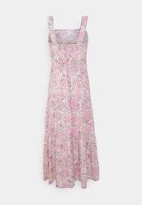 Lyserød maxikjole med blomsterprint, med firkantede stropper, smocket liv og en svajende nederdel. Lavet i letvægtsstof.