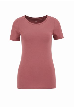 T-shirt à manches courtes en rose poussiéreux, avec un col rond, une coupe ajustée, un tissu jersey doux et un ourlet sans couture pour un aspect épuré.