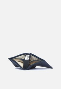 Navy blue RFID-safe wallet with a sleek, triangular design, textured exterior, and beige interior lining. Compact and foldable shape.