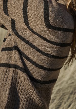 Nahaufnahme einer Person, die einen braunen Strickpullover mit schwarzen horizontalen Streifen trägt, mit langem Haar auf der rechten Seite sichtbar.