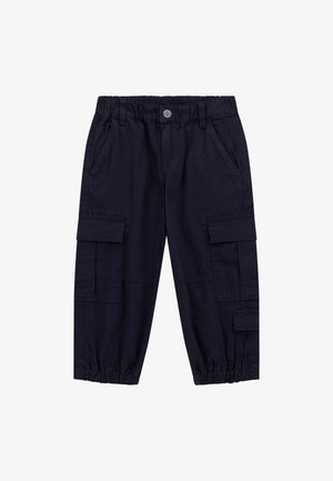 Pantaloni cargo bleumarin cu un elastic la talie, multiple buzunare laterale și manșete la glezne, fabricați dintr-un material de bumbac durabil.
