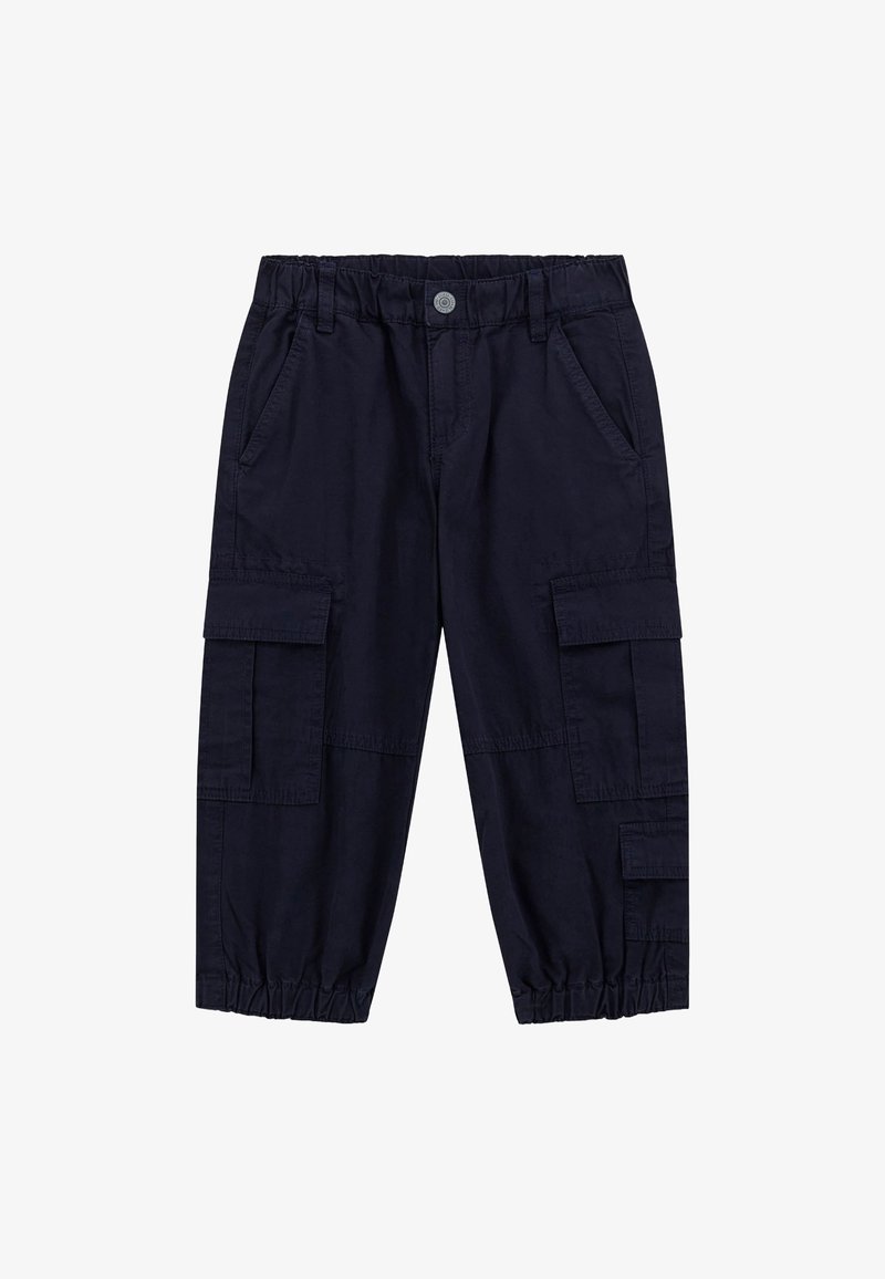 Navy cargo pants with an elastic waistband, multiple side pockets, and cuffs at the ankles, made from durable cotton material.