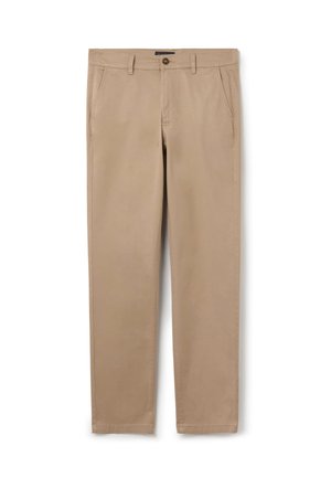 Chinos beige hechos de una mezcla de algodón, con una textura suave, cierre de botón, pasadores para cinturón y dos bolsillos frontales. Diseño de pierna recta.