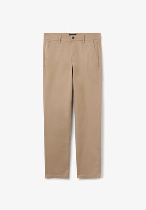 Beige Chinos aus Baumwollmischung, mit glatter Textur, Knopfverschluss, Gürtelschlaufen und zwei vorderen Taschen. Gerade Beinform.
