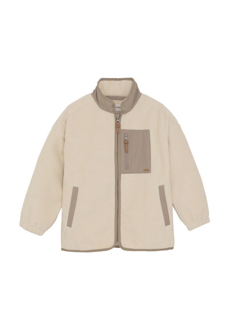 Fleece jacket in cream with beige accents, featuring a zip front, high collar, elastic cuffs, and a chest pocket with zipper.