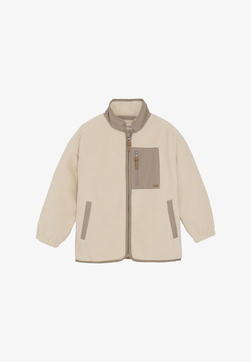 Fleecejakke i krem med beige detaljer, med glidelås foran, høy krage, elastiske mansjetter og en brystlomme med glidelås.