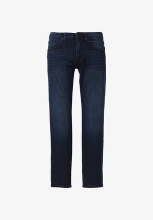 Dunkelblaue gerade geschnittene Jeans aus Denim mit Fünf-Taschen-Design und Knopfverschluss, frontseitig auf weißem Hintergrund dargestellt.