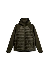 Mörkgrön huva-jacka med kviltad frampanel, hel dragkedja, släta långa ärmar och sidofickor.