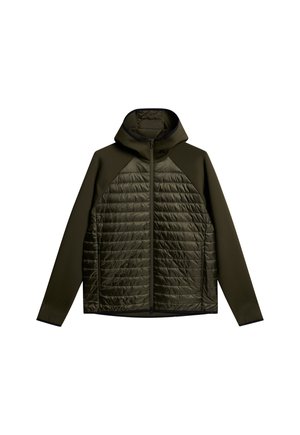 Mörkgrön huva-jacka med kviltad frampanel, hel dragkedja, släta långa ärmar och sidofickor.