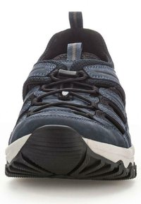 Blue athletic shoe with a textured synthetic upper, rubber outsole, and elastic laces. Features a reinforced toe cap and pull tab.
