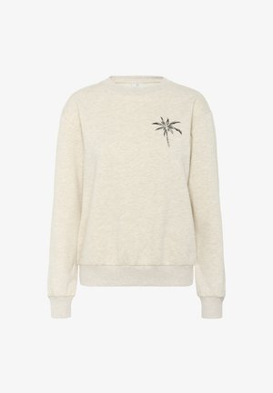 Kerge beeži värvi dressipluus ümmarguse kaelusega ja ribadestega varrukatel. Vasakul rinnal on must palmipuu tikand. Pehme tekstuur.