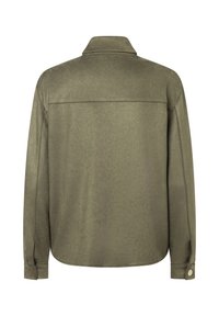 Olive green long-sleeve shirt jacket with a collar, buttoned cuffs, and seam detailing across the back and sleeves.