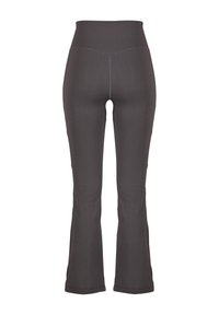 Pantaloni yoga a vita alta e a gamba svasata in morbido tessuto grigio scuro a coste. Presentano una fascia in vita senza cuciture e una cucitura a contrasto lungo le giunture.