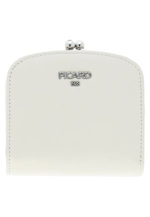 Small white leather wallet with silver metal clasp and "PICARD 1928" logo embossed on front center.