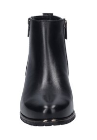 Schwarze Leder-Ankle-Boots mit glatter Oberfläche, abgerundeter Spitze und seitlichen Reißverschlüssen; niedriger Absatz mit einer Gummisohle und dezenten metallischen Akzenten.