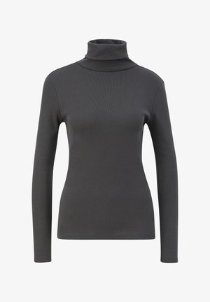 Graues, langärmliges Turtleneck-Oberteil mit einem enganliegenden Design, gefertigt aus einem glatten Stoff. Verfügt über einen hohen Kragen und minimale Nähte.