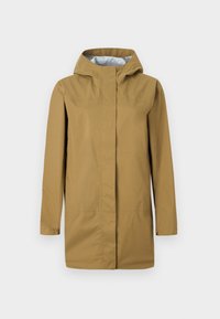 Καφέ αδιάβροχο μπουφάν με κουκούλα, διαθέτει εμπρόσθιο φερμουάρ, πλαϊνές τσέπες και λεία, ελαφριά υφή.