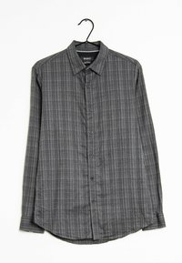 Harmaa ruudullinen pitkähihainen paita, jossa on napillinen kaulus, etunapit ja pyöristetyt helmat. Valmistettu kevyestä kankaasta, jolla on hieman teksturoitu pinta.