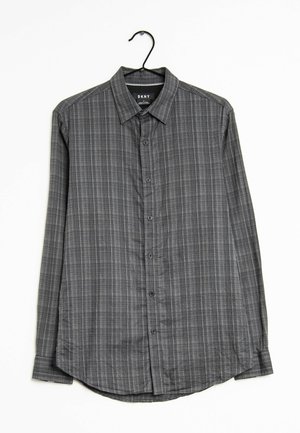 Grau kariertes Langarmhemd mit Button-Down-Kragen, Frontknöpfen und abgerundetem Saum. Hergestellt aus leichtem Stoff mit leicht strukturierten Oberfläche.