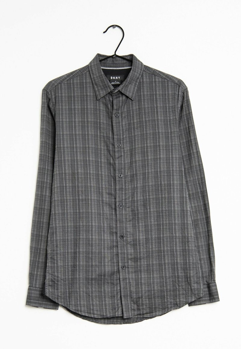 Harmaa ruudullinen pitkähihainen paita, jossa on napillinen kaulus, etunapit ja pyöristetyt helmat. Valmistettu kevyestä kankaasta, jolla on hieman teksturoitu pinta.