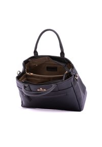 Borsa a tracolla in pelle nera con doppio manico, chiusura con zip e molteplici scomparti interni. Presenta dettagli in metallo dorato per un tocco di eleganza.