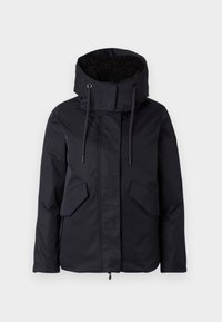Giacca nera impermeabile con colletto alto, cordini, due tasche frontali e rivestimento interno in peluche. Texture esterna liscia.