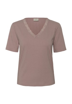 Žebrovaný tričko s krátkým rukávem a výstřihem do V v jemně růžové barvě, se krajkovým lemem kolem výstřihu. Měkká tkanina s volným střihem, vhodná pro volný čas.