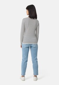 Camicia a maniche lunghe a righe bianca e blu navy, con scollatura rotonda. Abbinata a jeans dritti blu chiaro e sneakers bianche.