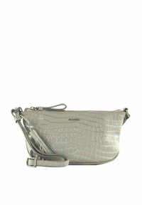 Clutch de imitación cuero gris con embossing de cocodrilo, cierre de cremallera, correa desmontable y acento de logo metálico en el frente.