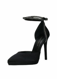 Scarpe nere con tacco alto, punta affusolata, materiale scamosciato, cinturino alla caviglia impreziosito da strass e design elegante.