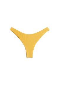 Gul ribbad tanga med en högskuren design och minimal täckning. Har en mjuk, elastisk tyg för komfort och en snygg look.