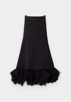 Black dress with a fitted bodice and a flared tulle ruffle hem. Made from smooth fabric, it features a square neckline and wide straps.